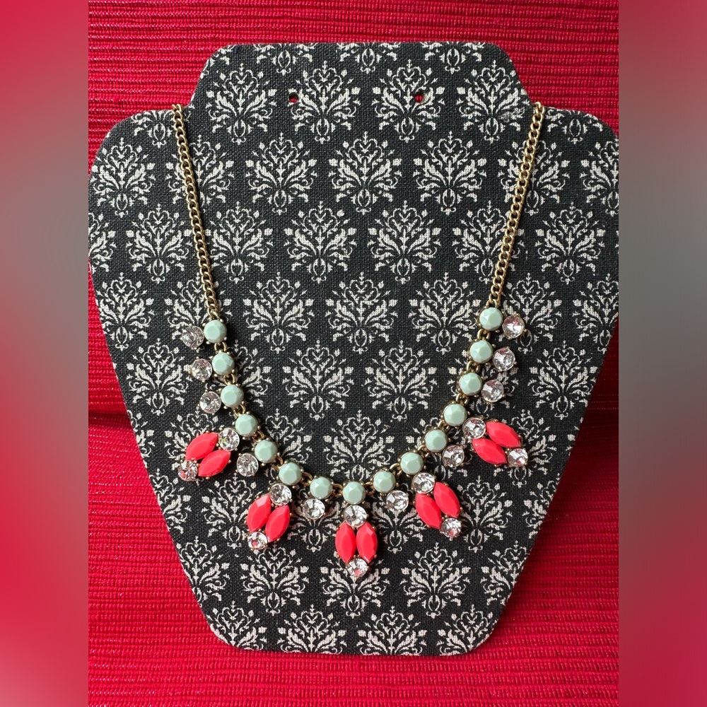 J. Crew Mint Green Neon Pink Crystal Rhinestone Necklace Gold Tone Signed